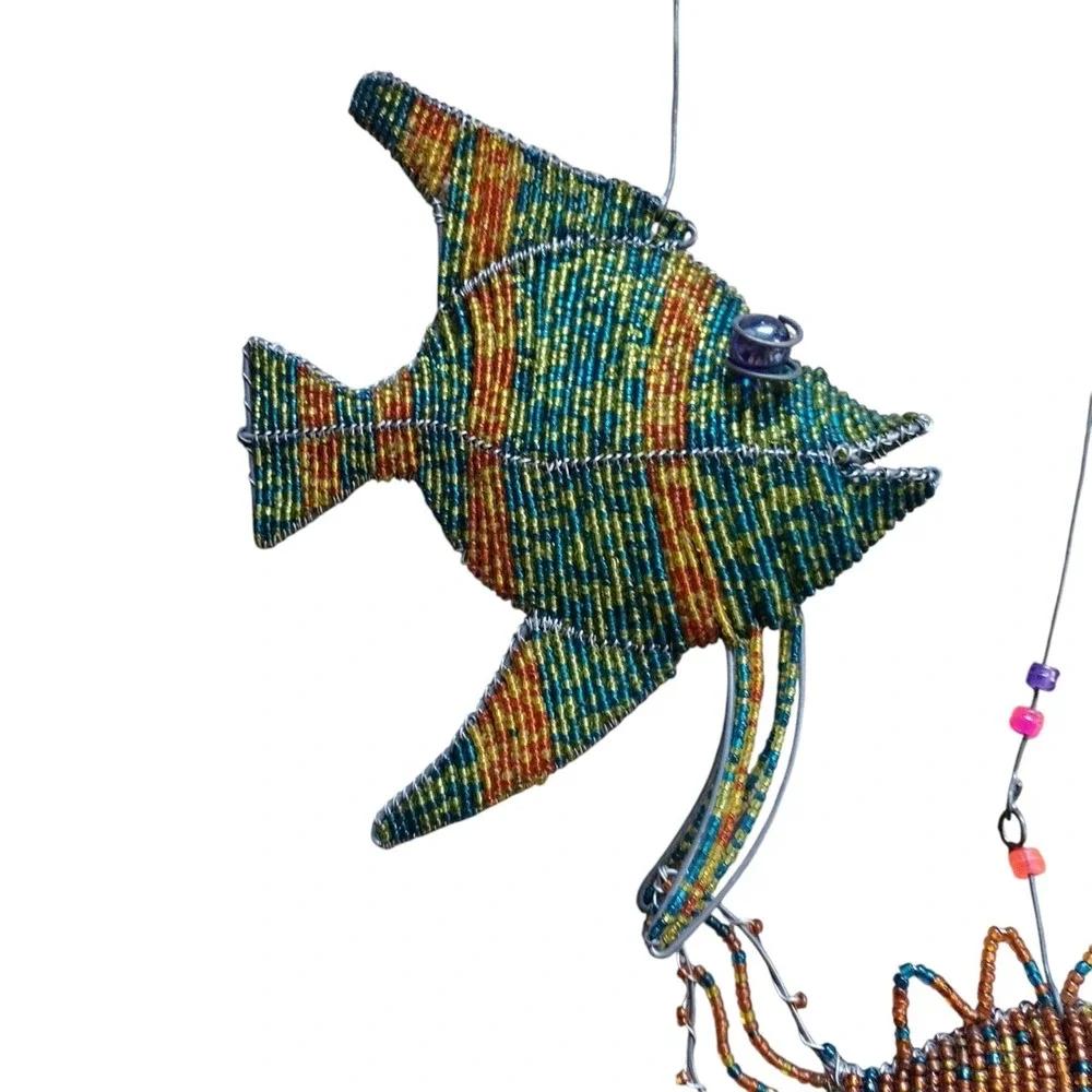 Beaded Wire Marine Life Fish Seahorse Ornaments Lot 3 Coastal Home Decor Folk